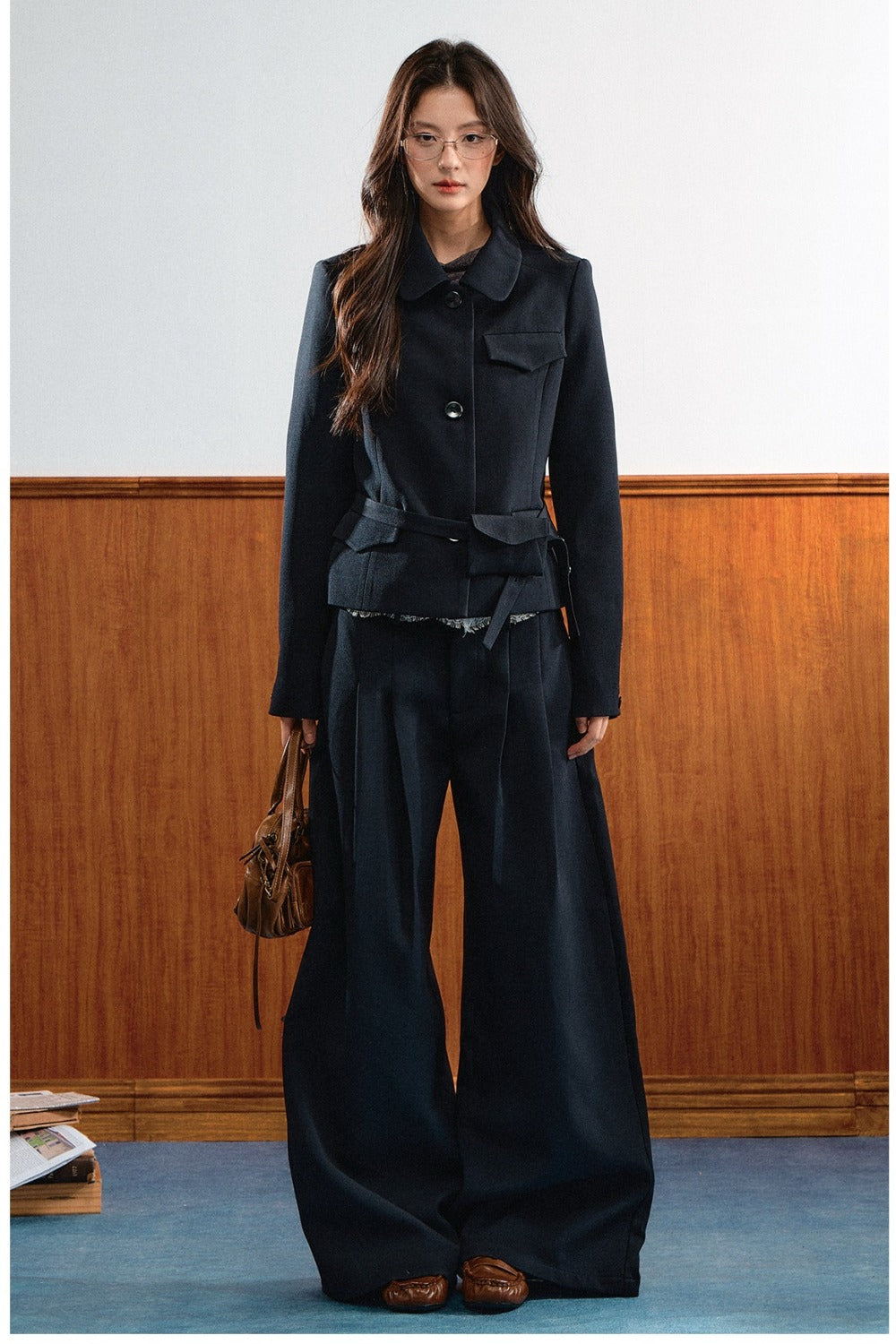 American Retro Lapel Top and Wide-Leg Pants Set-Up