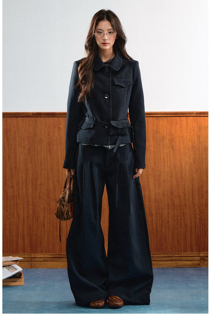 American Retro Lapel Top and Wide-Leg Pants Set-Up