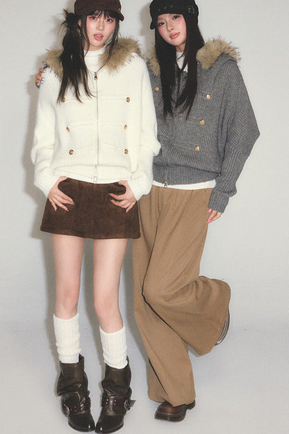 Large Fur Collar Batwing Knit Cardigan