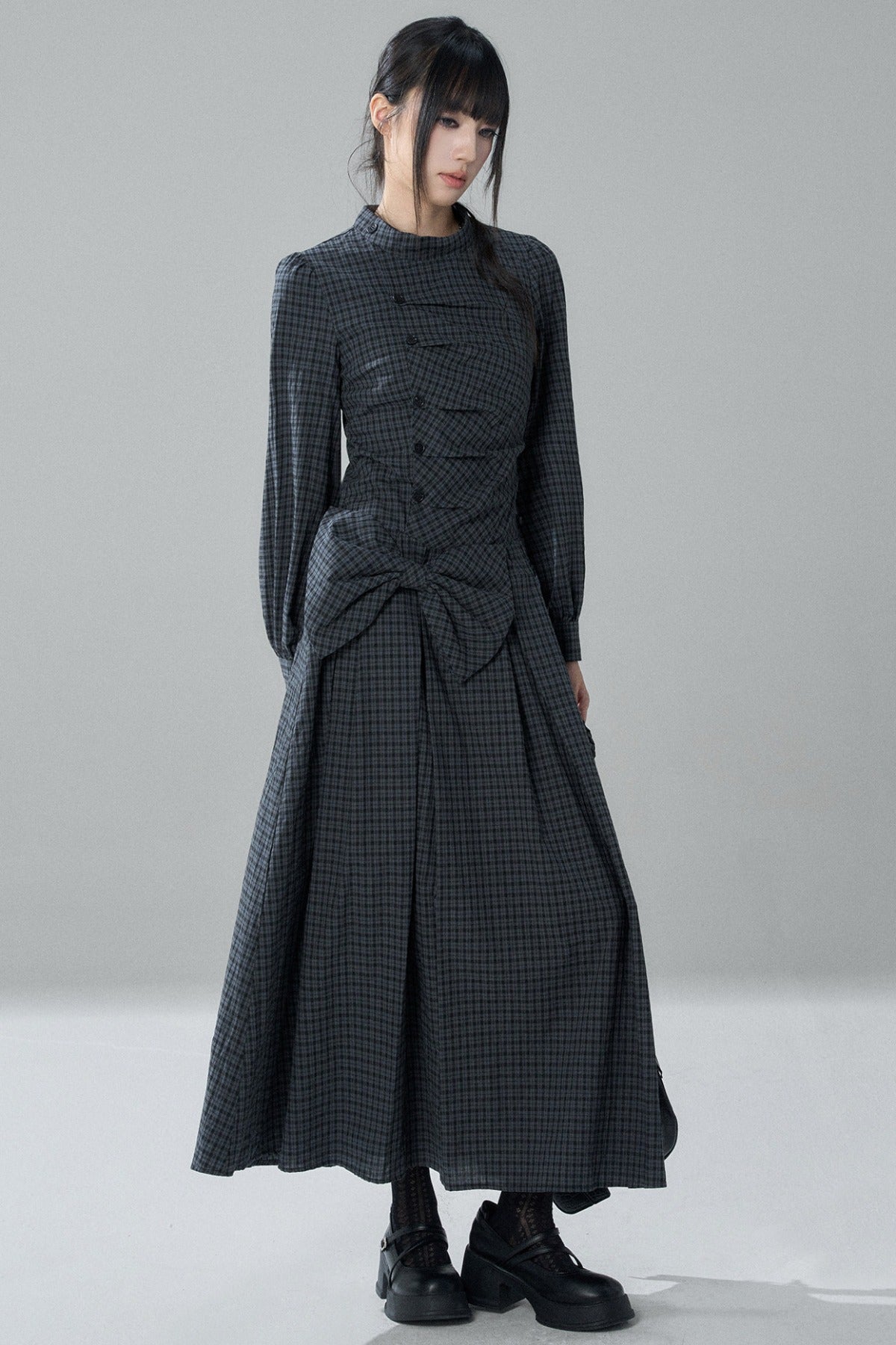 Plaid Bow Long Sleeve Dress