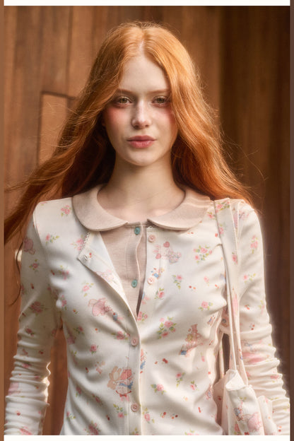 Layered-Look Floral Bunny Cardigan and Pants Set-Up