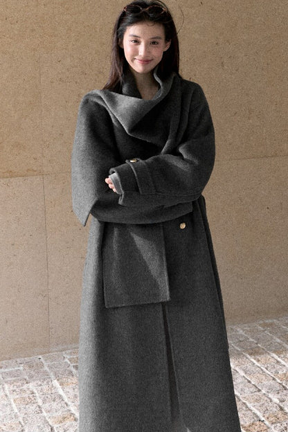 Double-Sided Wool Scarf Collar Coat