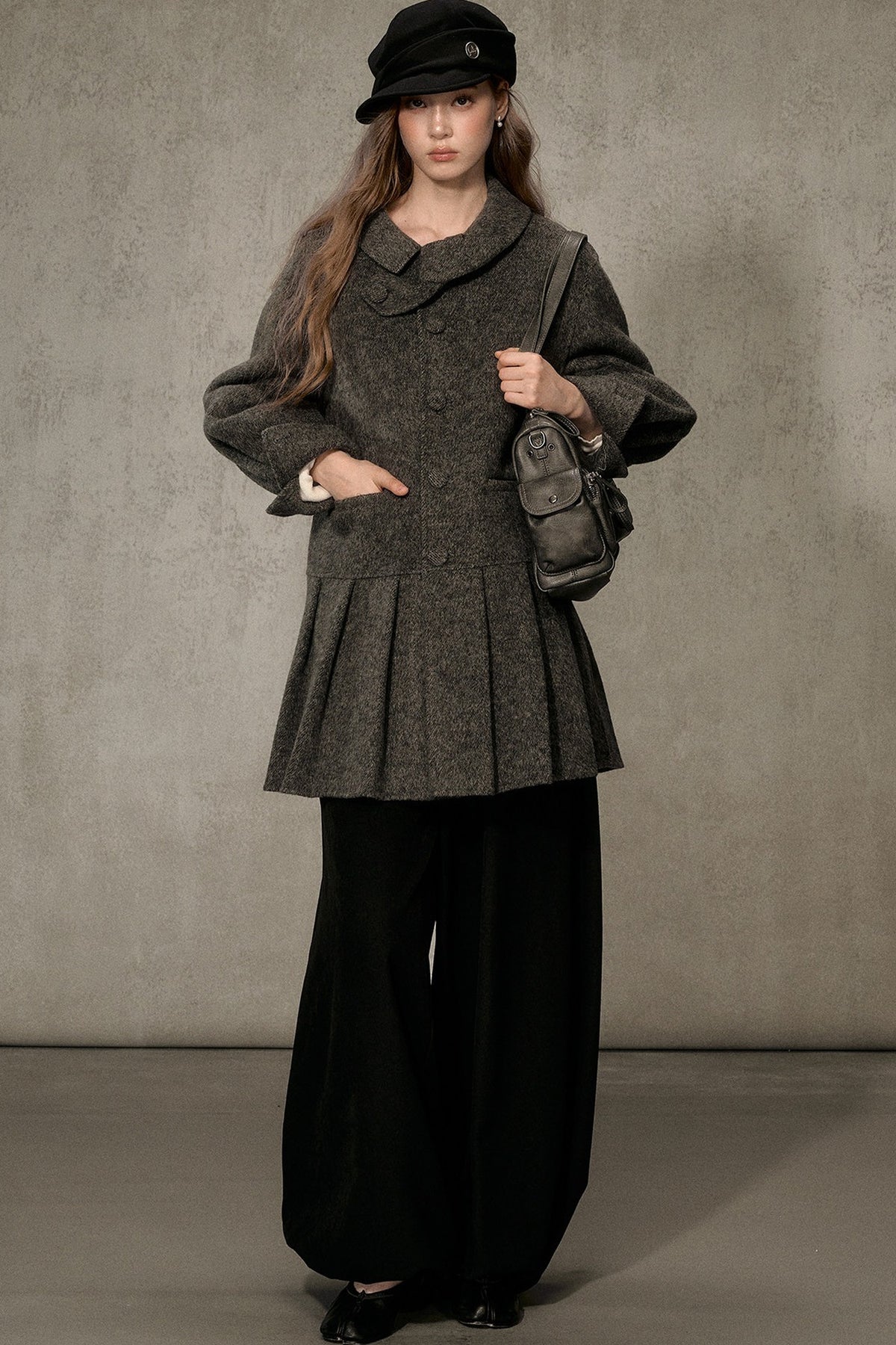 70% Wool Blend Double-Sided Pleated Coat