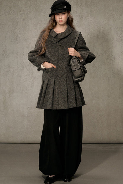 70% Wool Blend Double-Sided Pleated Coat