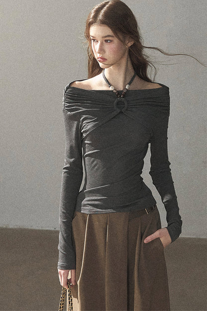 One-Shoulder Long-Sleeve Halter Blouse