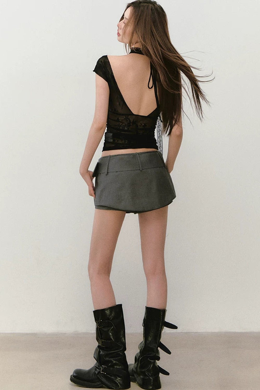 Viapitti Mesh Jacquard Lace Halter T-Shirt