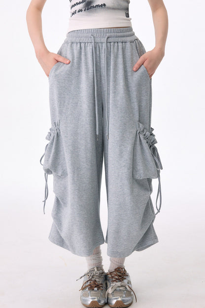 Gray Drawstring Pocket Wide Leg Sweatpants