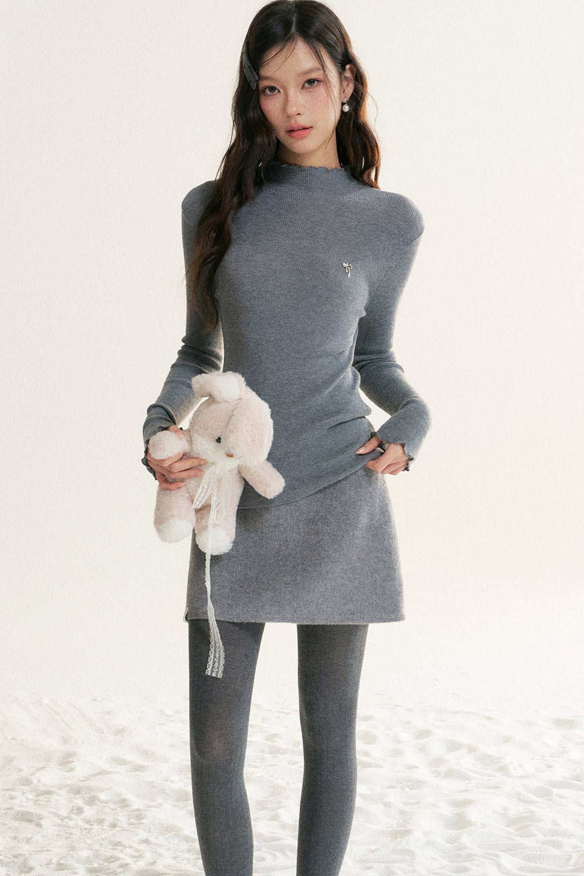Ruffled Half-Turtleneck Long-Sleeve Base Layer Top