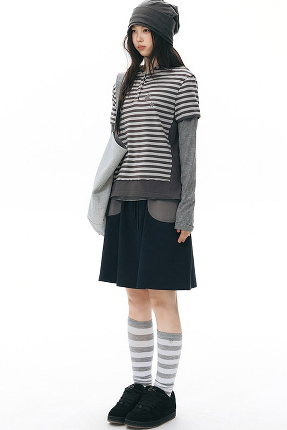 Striped Hooded Knit Short-Sleeve Top