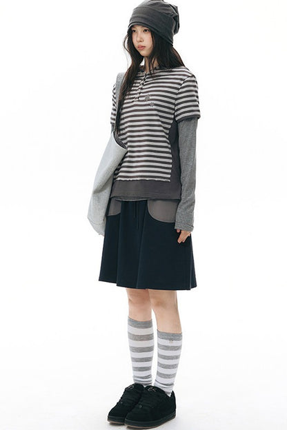 Striped Hooded Knit Short-Sleeve Top
