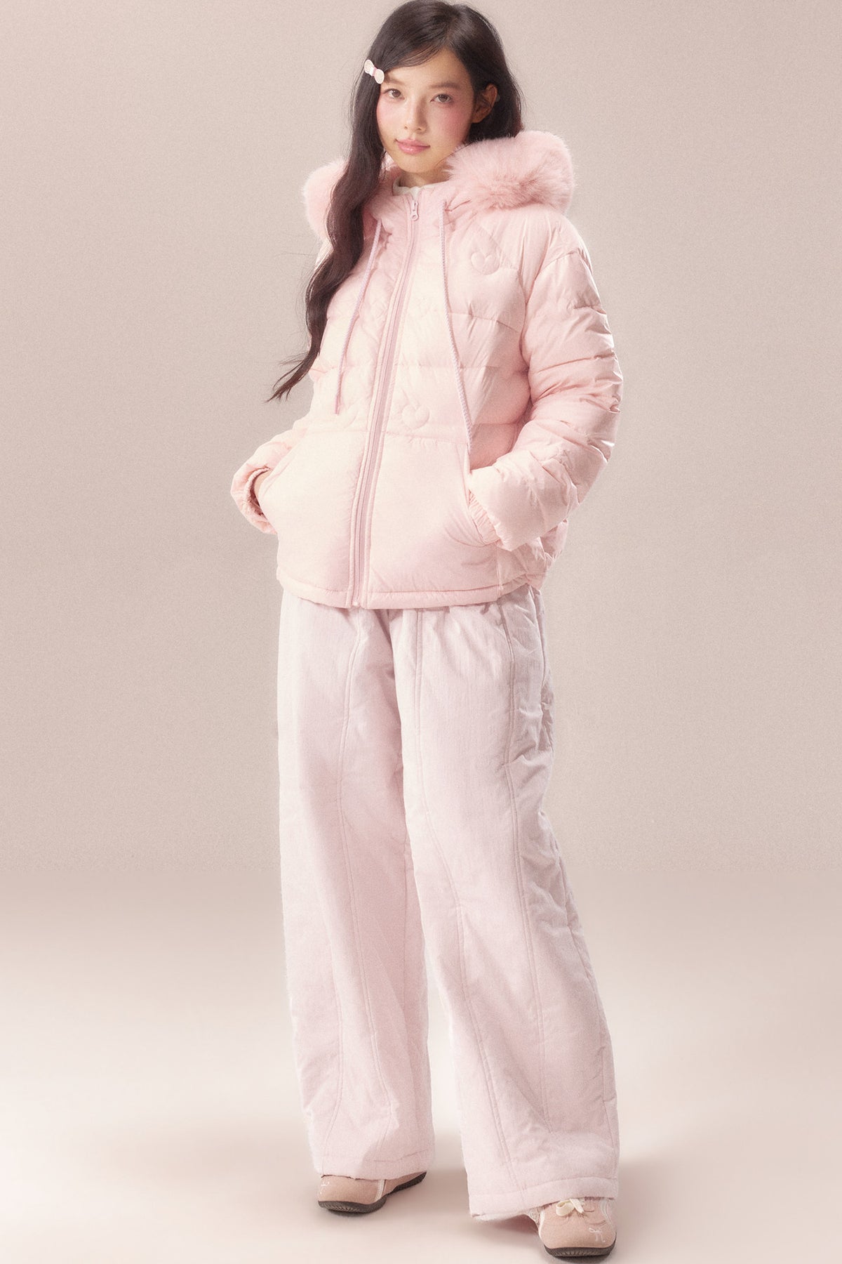 Heart Quilted Fur Collar Hooded Jacket