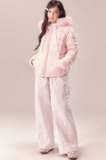 Heart Quilted Fur Collar Hooded Jacket