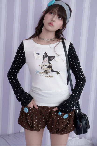 Cat Print Waist-Cinching T-Shirt