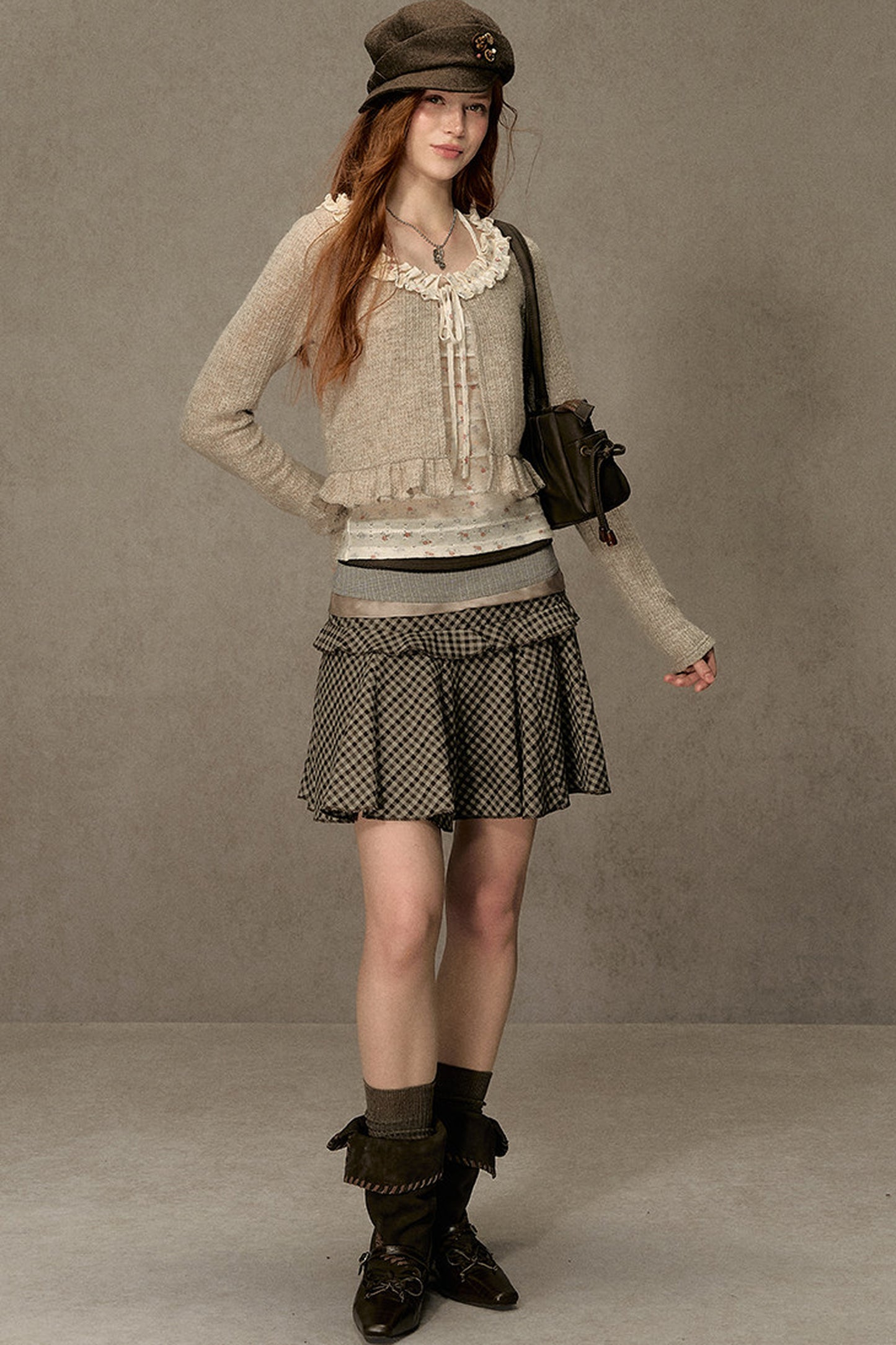 Ruffled Knit Cardigan With Camisole