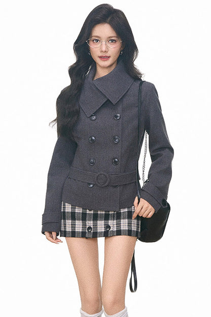 Double-Breasted Woolen Coat and Skirt Set-Up