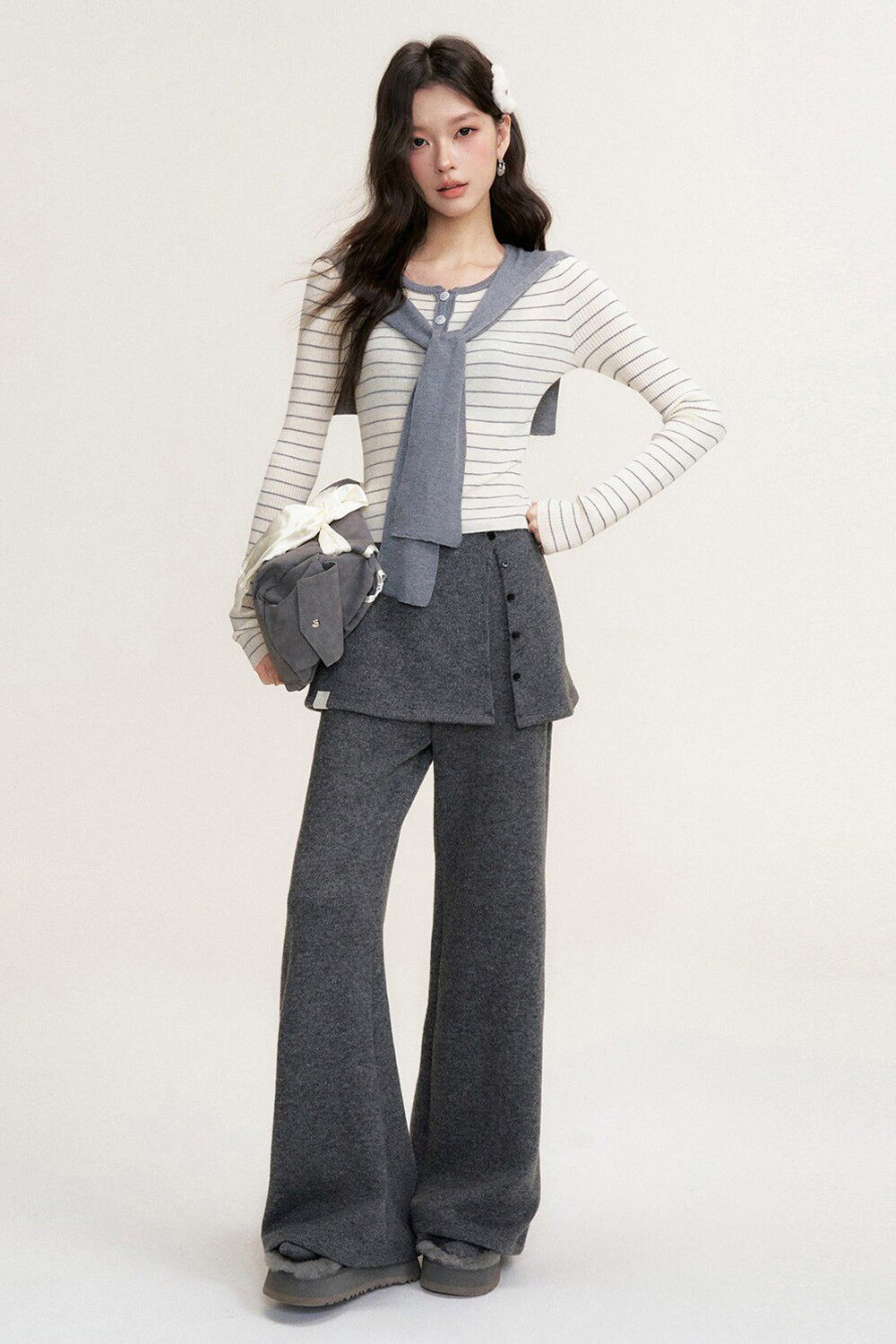 Striped Shawl Collar Long Sleeve Knit Sweater