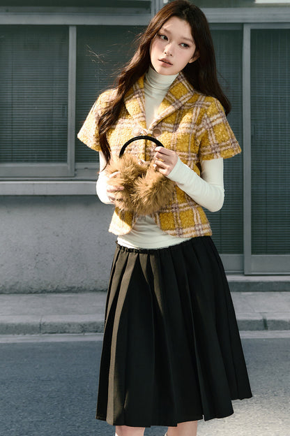 Retro Lapel Plaid Short-Sleeved Jacket