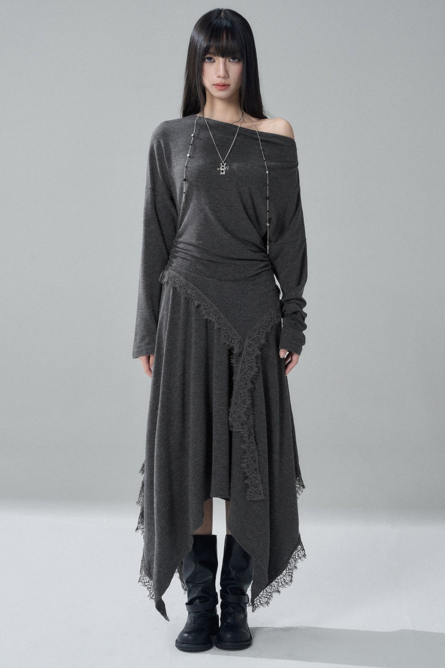 Gray Off-Shoulder Top and Irregular Hem Skirt Set-Up