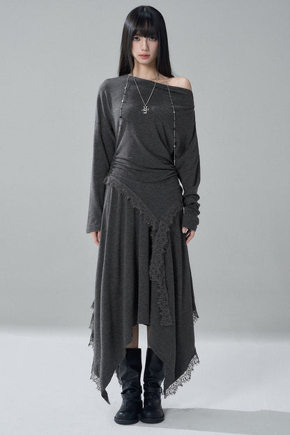 Gray Off-Shoulder Top and Irregular Hem Skirt Set-Up