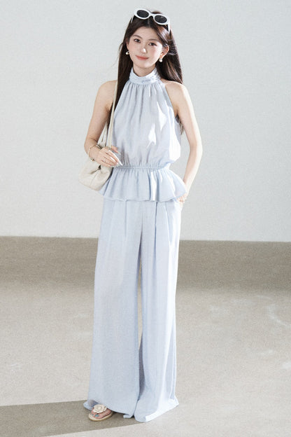 Blue Tencel Halter Shirt and Wide-Leg Pants Set