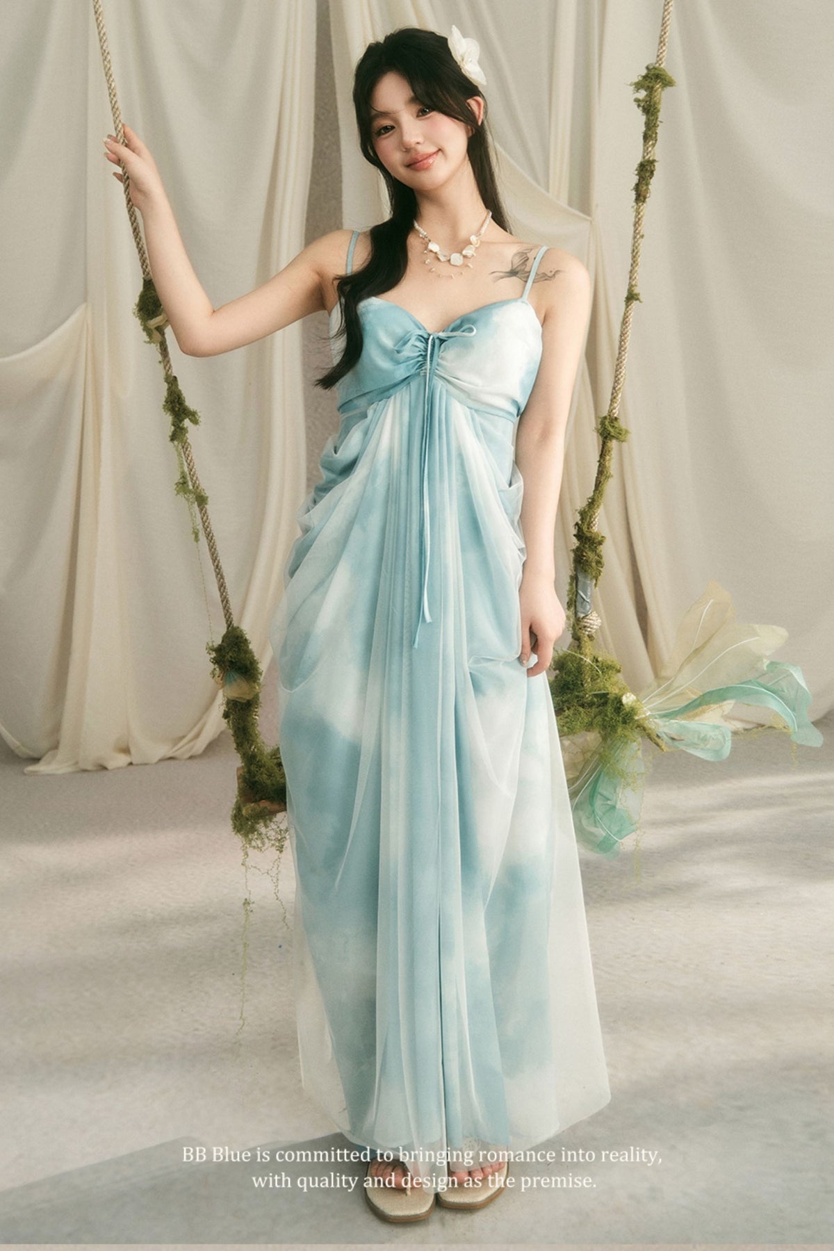 Blue Tie-Dye Cocoon Drawstring Slip Dress