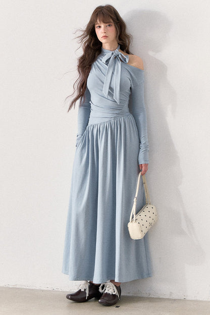 Off-Shoulder Bow-Knot Knit Long Dress