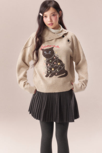 Diagonal Placket Cat Knit Pullover