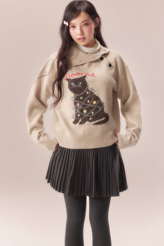 Diagonal Placket Cat Knit Pullover