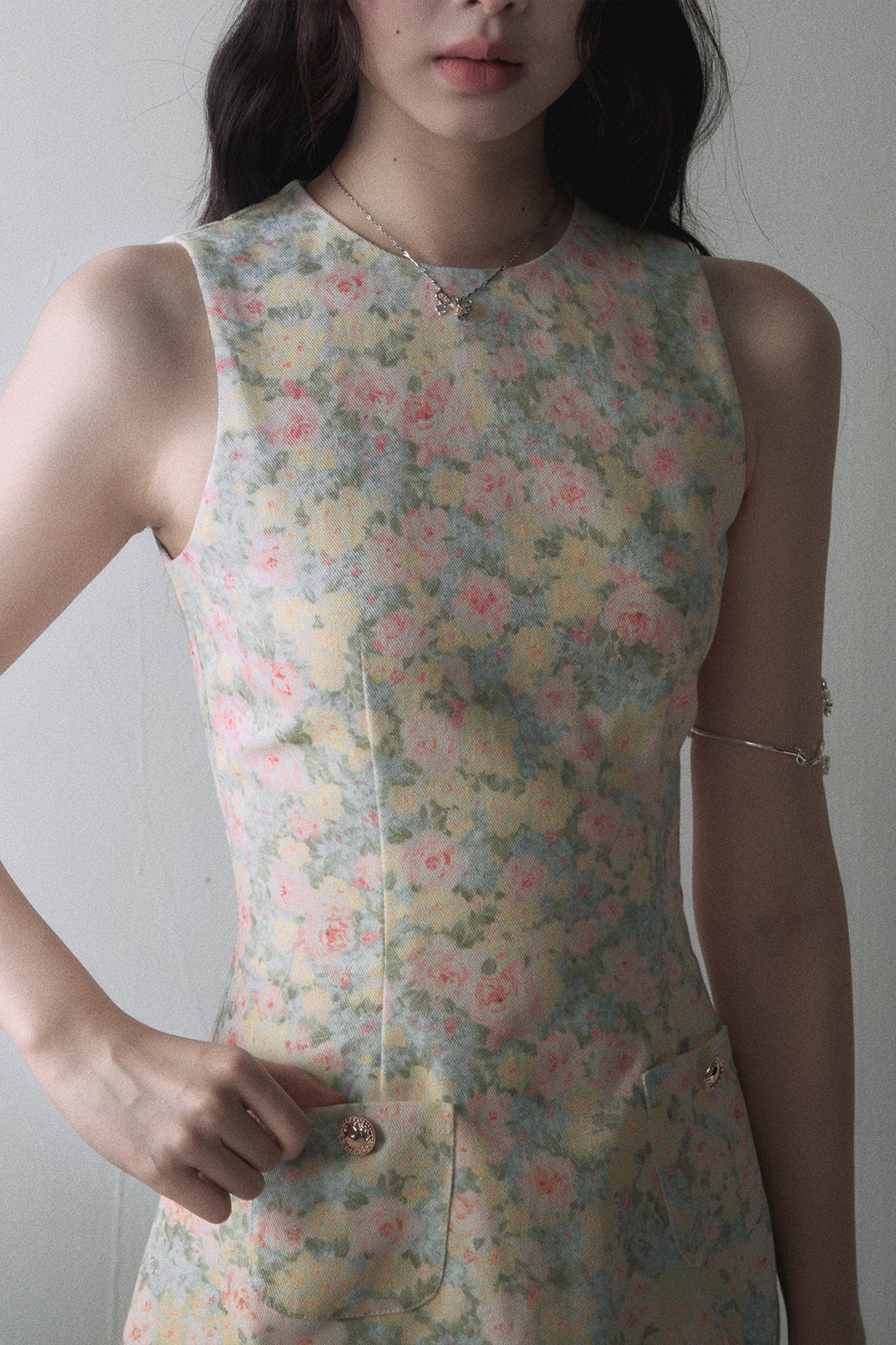 Pink Yellow Floral Sleeveless Vest Dress