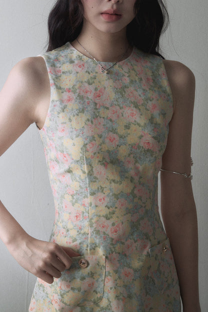 Pink Yellow Floral Sleeveless Vest Dress