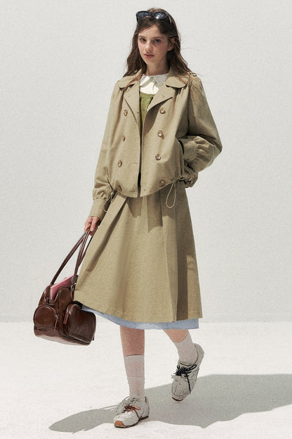 Khaki Short Trench Coat and Skirt Set-Up