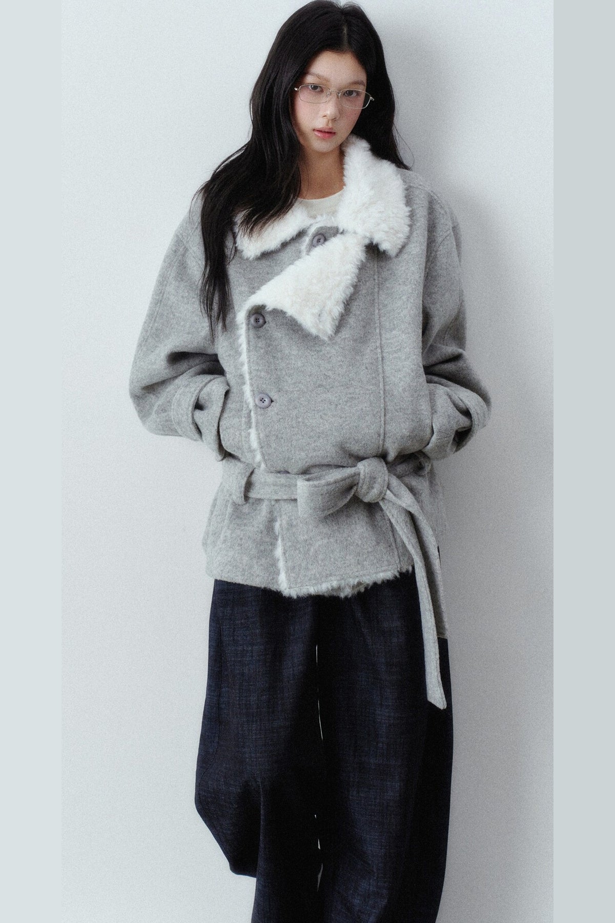 Plush Lapel Woolen Tie-Up Jacket