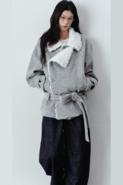 Plush Lapel Woolen Tie-Up Jacket
