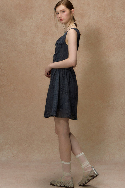 Blue Strap Waist-Cinching Print Dress