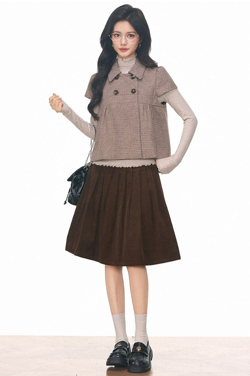 Woolen Short Sleeve Top and Corduroy Midi Skirt Set-Up