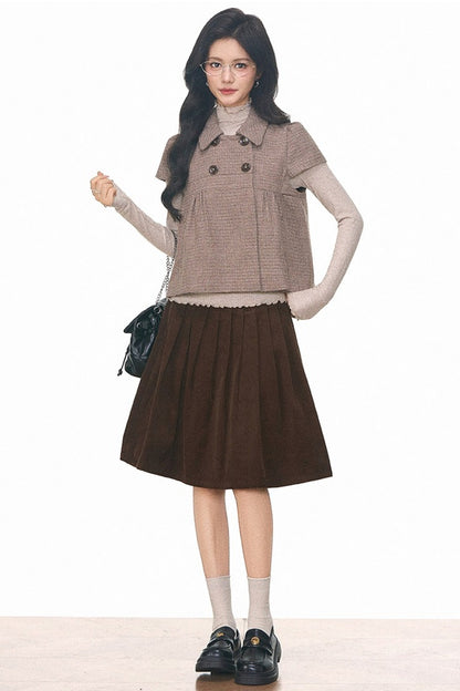 Woolen Short Sleeve Top and Corduroy Midi Skirt Set-Up