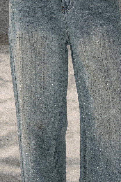 American-Style Rhinestone Wide-Leg Jeans