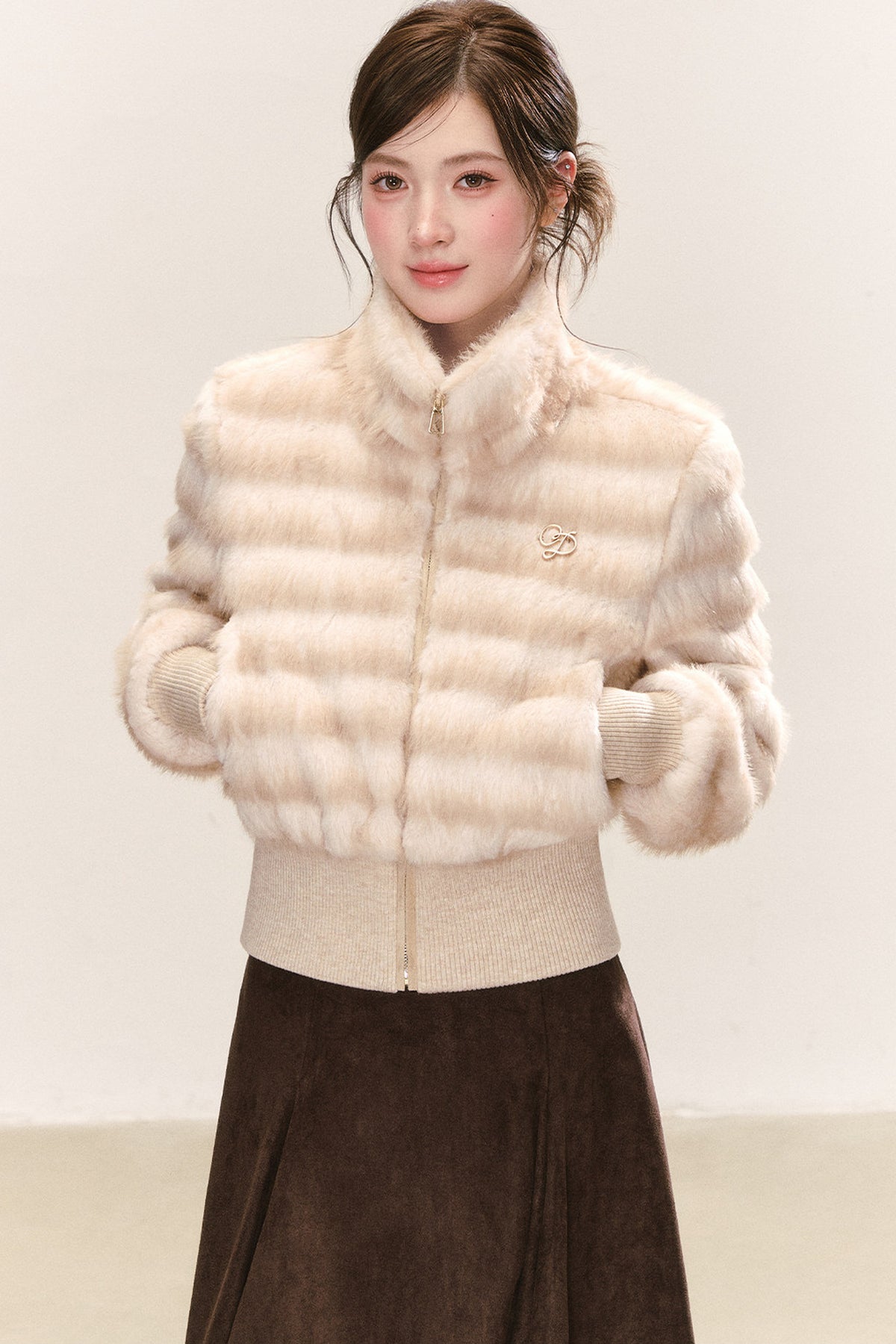Apricot Faux Fur Stand-Collar Jacket