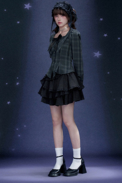 Blue Black Plaid Square Neck Shirt