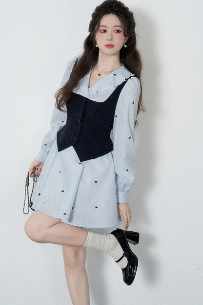 Blue Striped V-Neck A-Line Dress