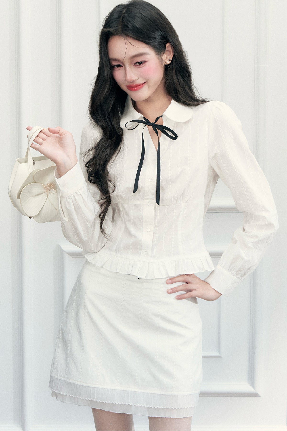 Preppy Jacquard Long-Sleeved Shirt and Skirt Set-Up