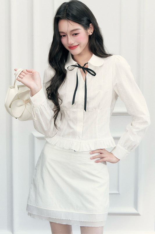 Preppy Jacquard Long-Sleeved Shirt and Skirt Set-Up
