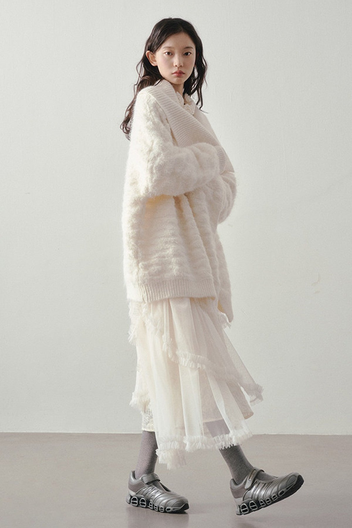 Beige Thick-Knit Loose Mid-Length Cardigan