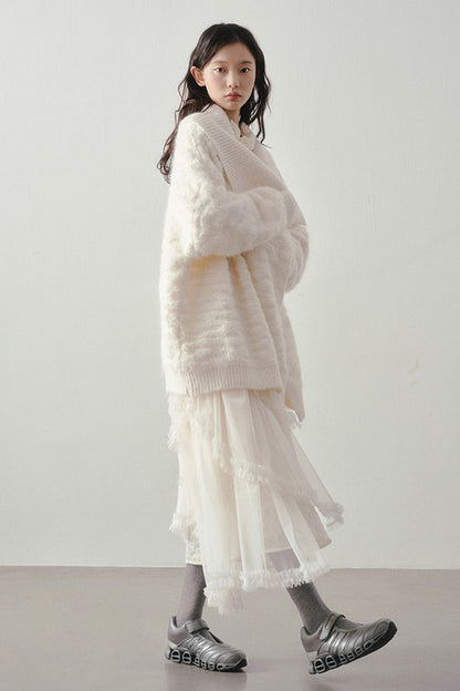 Beige Thick-Knit Loose Mid-Length Cardigan