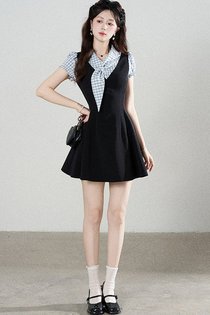 Black Short-Sleeved Patchwork Plaid A-Line Dress