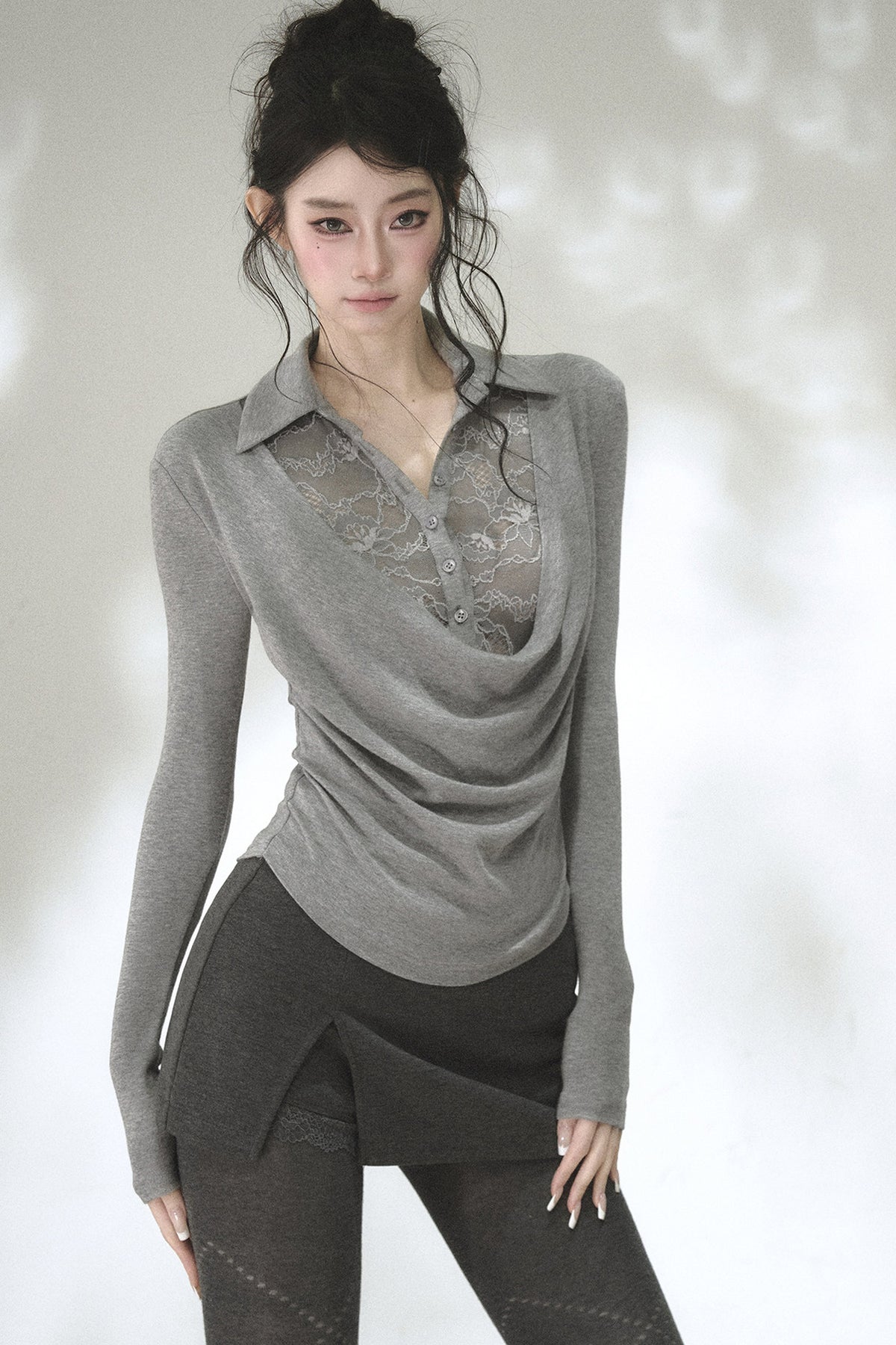 Lace Drape Collar Long-Sleeve Knit Top