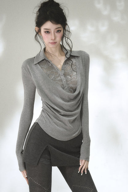 Lace Drape Collar Long-Sleeve Knit Top