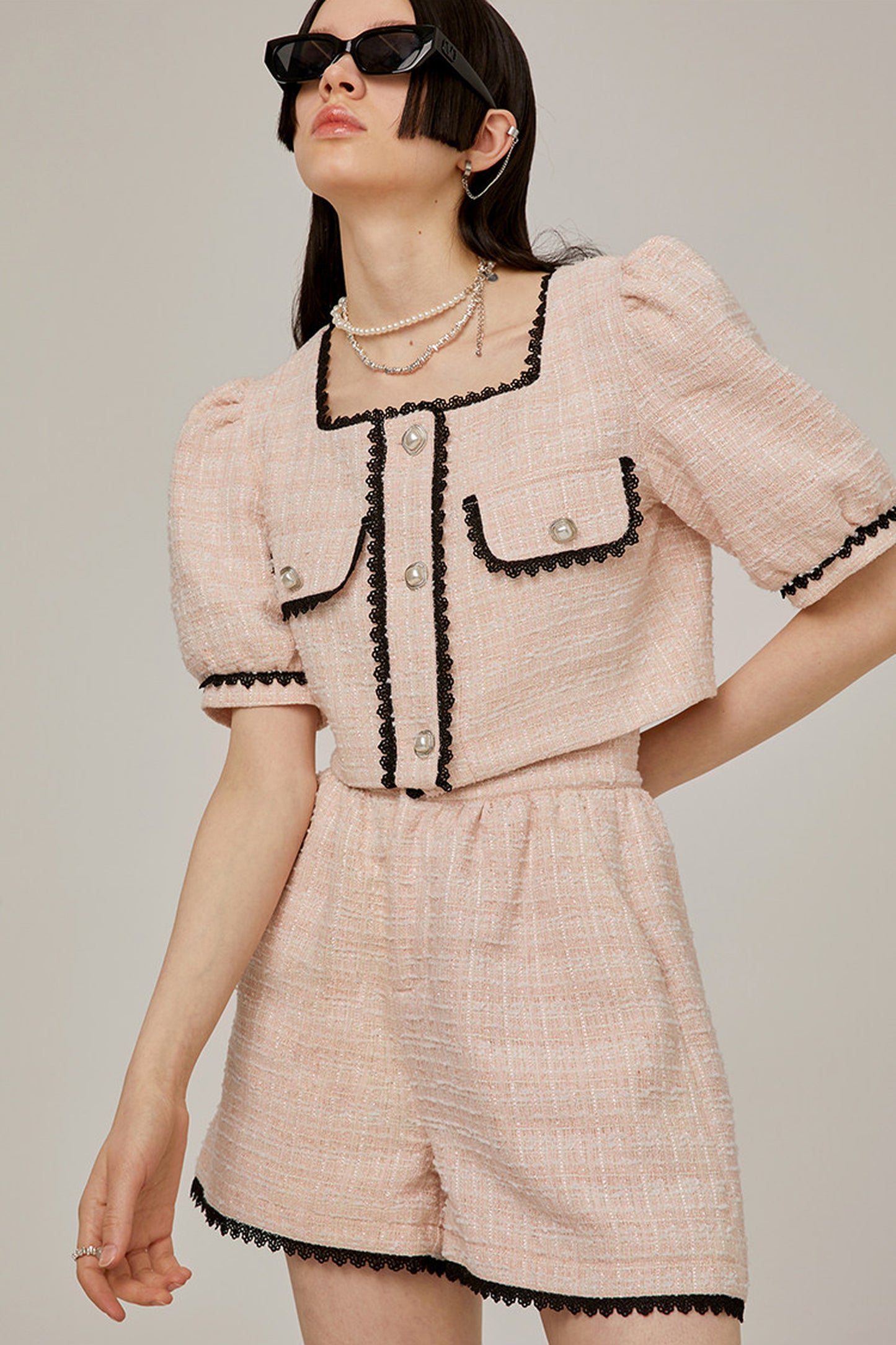 High-Waisted Lace Trim Tweed Shorts