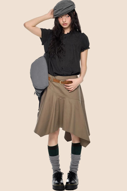 Pleated Lace Collar Short Sleeve Shirt