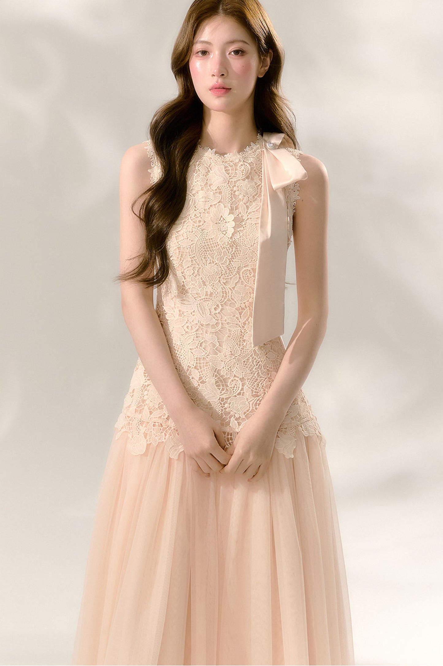 Lace Sleeveless Waist-Cinching Tulle Dress